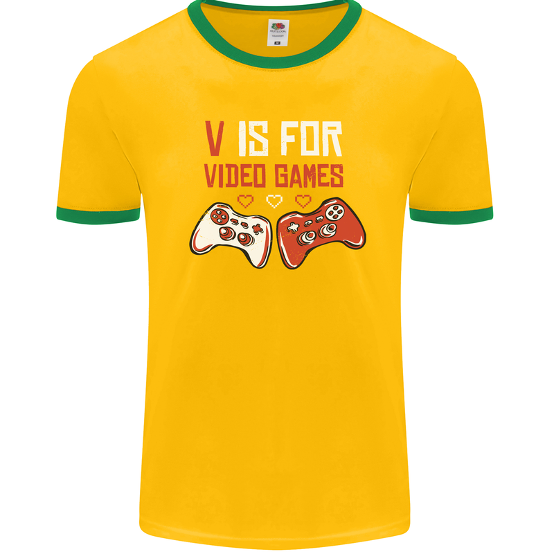 V is For Video Games Funny Gaming Gamer Mens Ringer T-Shirt FotL Gold/Green