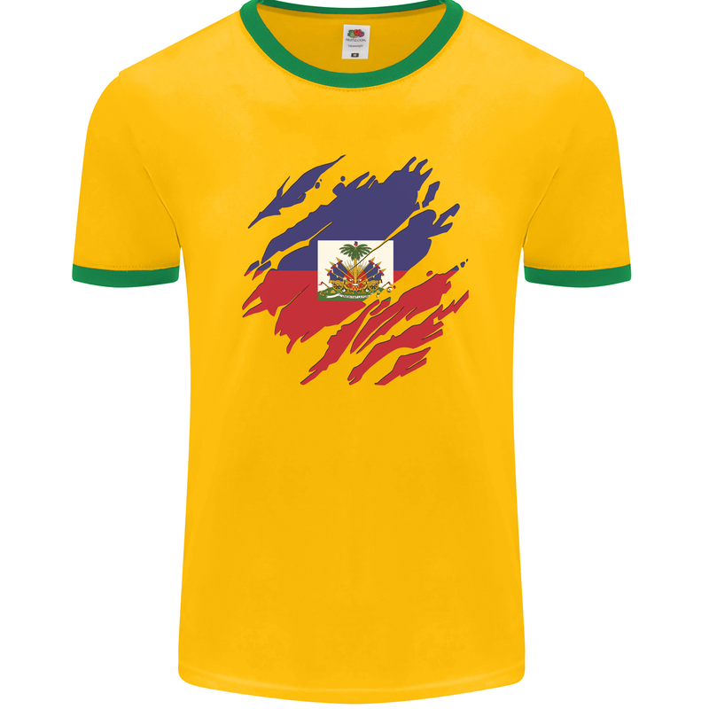 Torn Haiti Flag Haitian Day Football Mens Ringer T-Shirt FotL Gold/Green