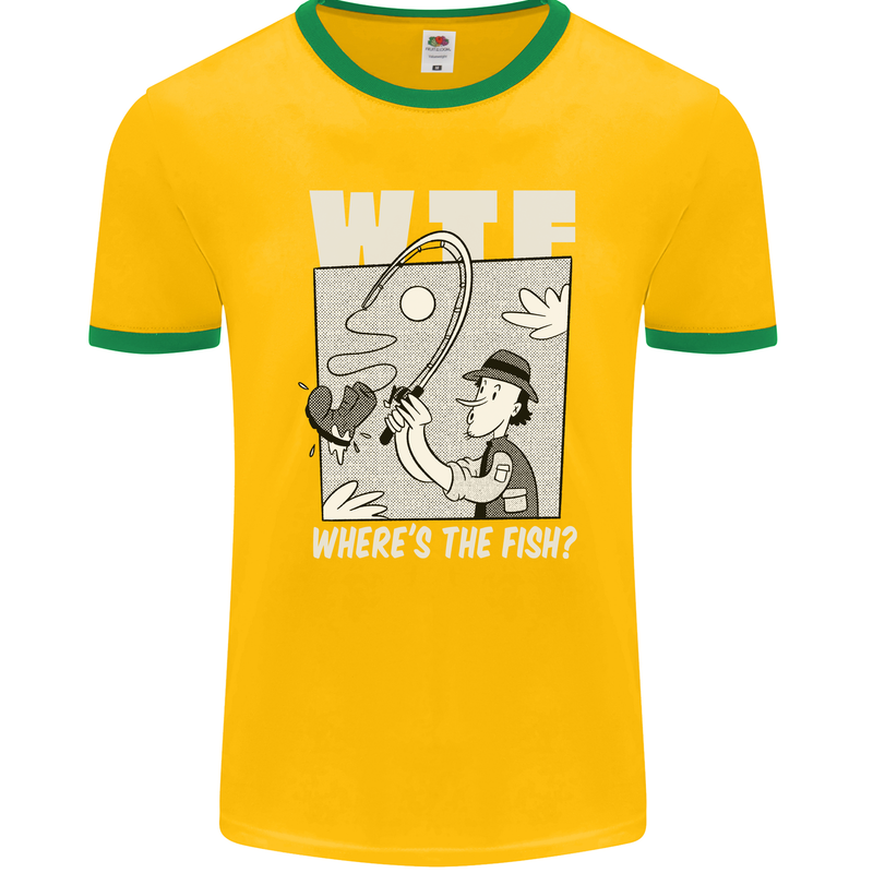 Wheres the Fish WTF Funny Fishing Fisherman Mens Ringer T-Shirt FotL Gold/Green