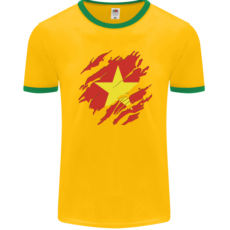 Torn Vietnam Flag Vietnamese Day Football Mens Ringer T-Shirt FotL Gold/Green