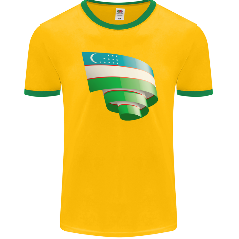 Curled Uzbekistan Flag Ukbek Day Football Mens Ringer T-Shirt FotL Gold/Green