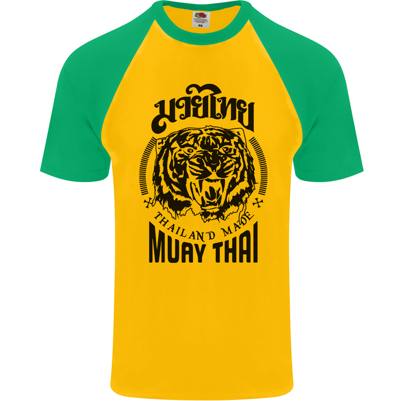 Muay Thai Fighter Warrior MMA Martial Arts Mens S/S Baseball T-Shirt Gold/Green
