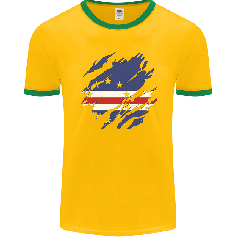 Torn Cape Verde Flag Verdean Day Football Mens Ringer T-Shirt FotL Gold/Green