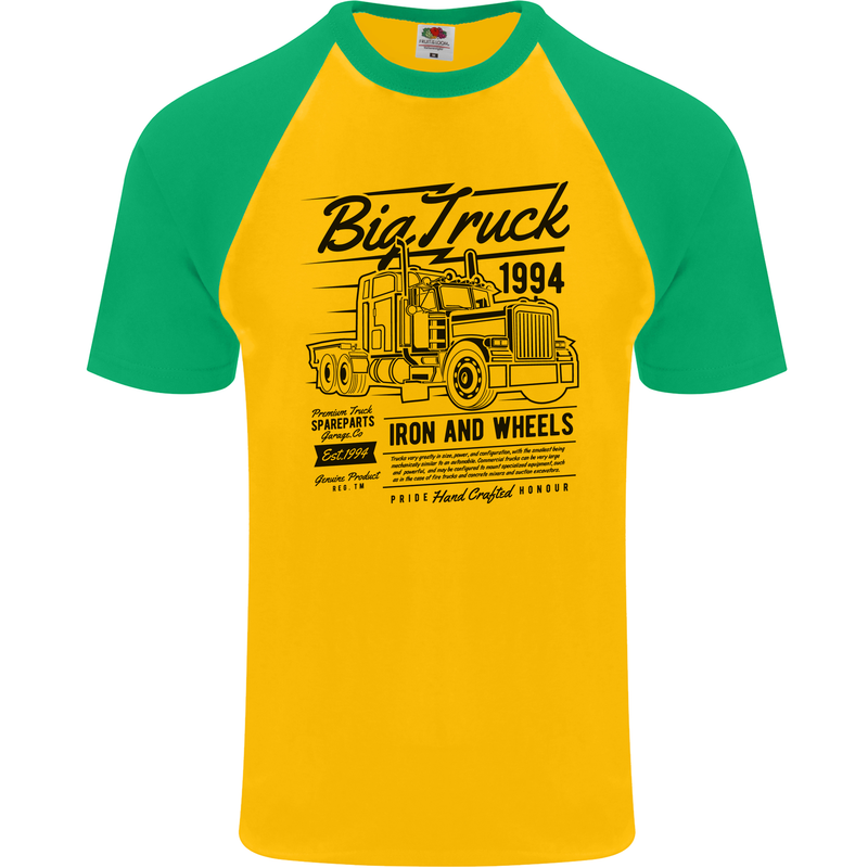 HGV Driver Big Truck Lorry Mens S/S Baseball T-Shirt Gold/Green