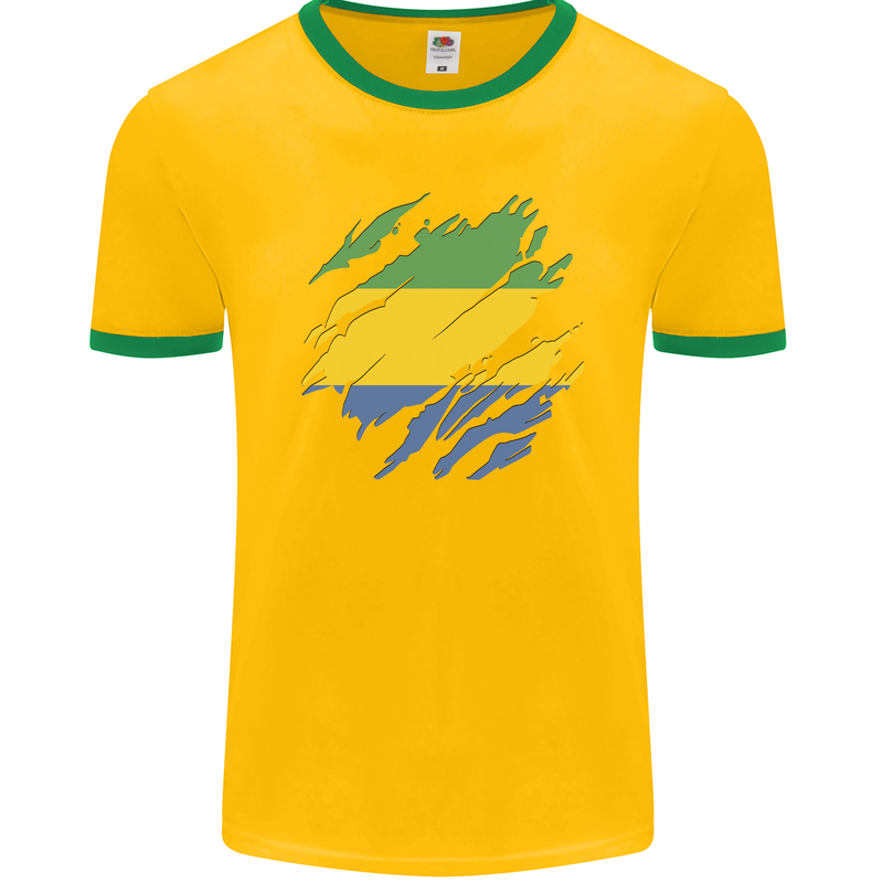 Torn Gabon Flag Gabonese Day Football Mens Ringer T-Shirt FotL Gold/Green