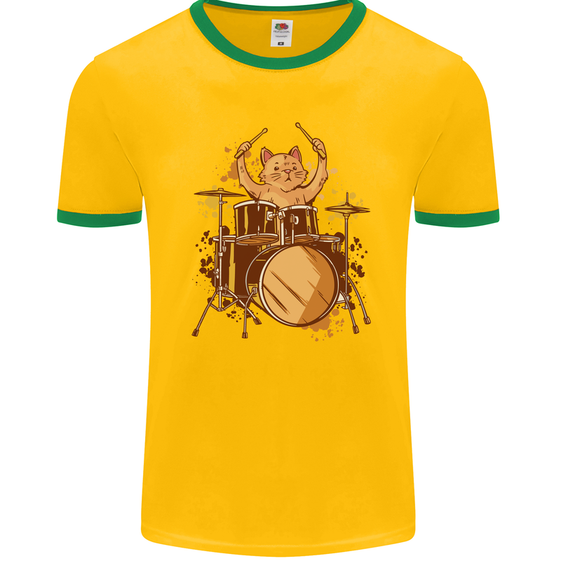 A Cat Drummer Drumming Mens Ringer T-Shirt FotL Gold/Green