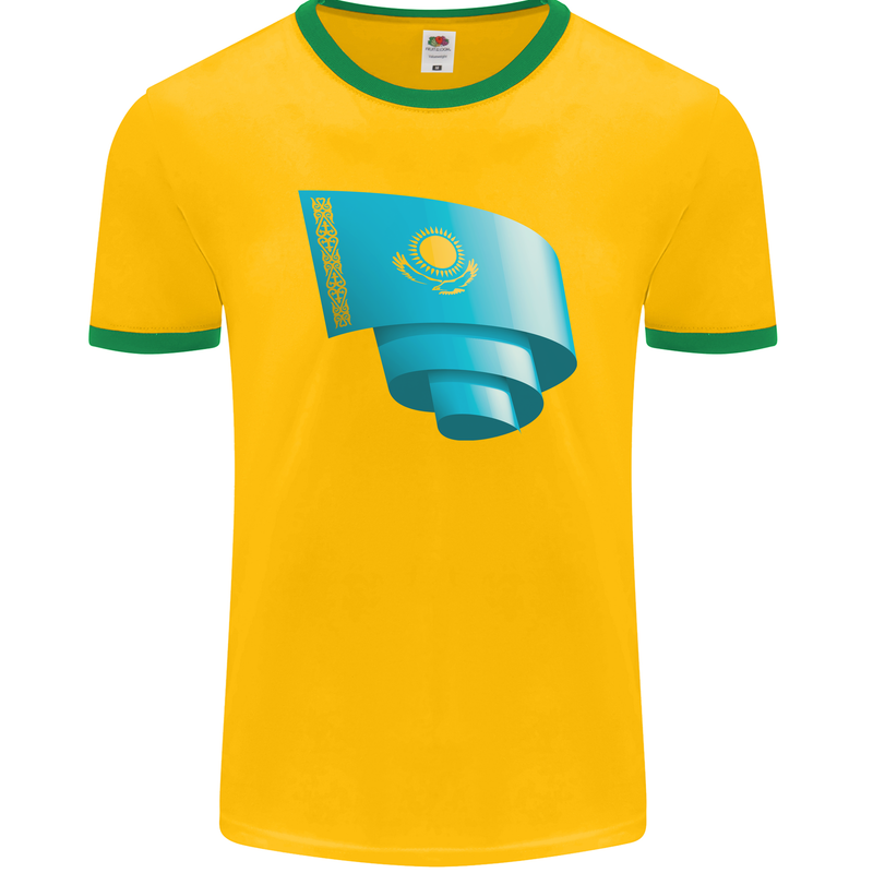 Curled Kazakhstan Flag Kazakh Day Football Mens Ringer T-Shirt FotL Gold/Green