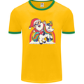 Christmas Santa Claus On a Unicorn Xmas Mens Ringer T-Shirt FotL Gold/Green