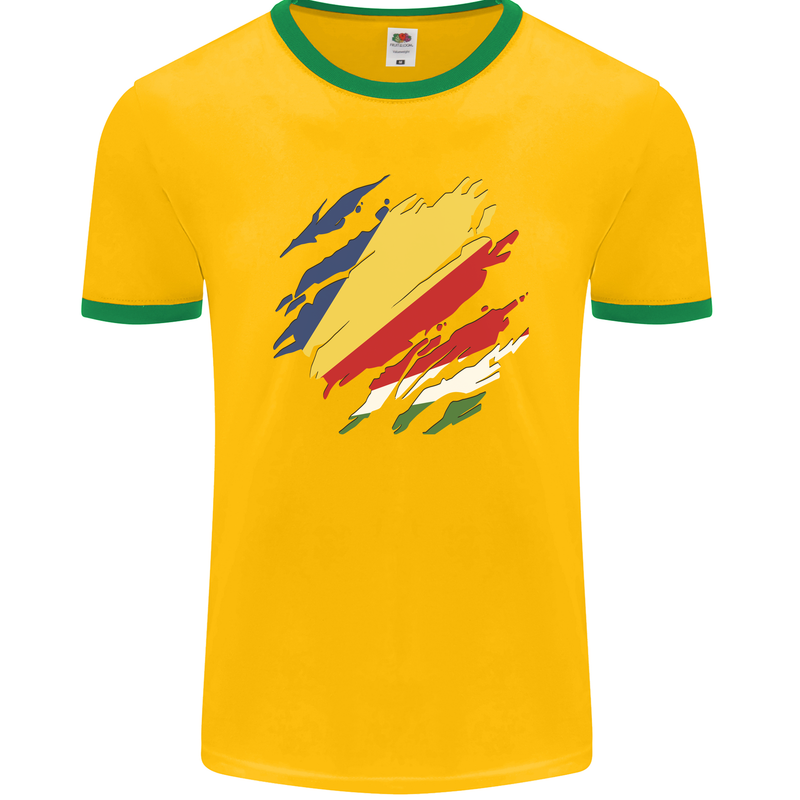 Torn Seychelles Flag Seychellois Day Football Mens Ringer T-Shirt FotL Gold/Green