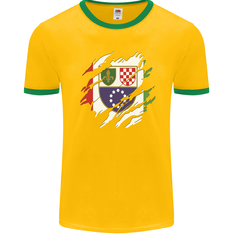Torn Bosnia and Herzegovina Flag Day Football Mens Ringer T-Shirt FotL Gold/Green