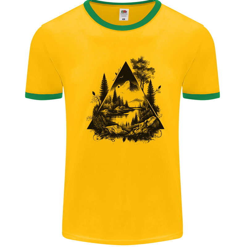 Abstract Outdoors Camping Bushcraft Hiking Trekking Mens Ringer T-Shirt Gold/Green