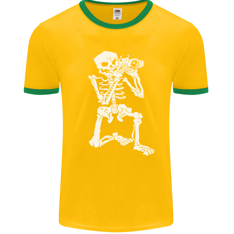 Skeleton Photographer Photography Mens Ringer T-Shirt FotL Gold/Green