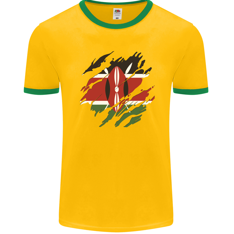 Torn Kenya Flag Kenyan Day Football Mens Ringer T-Shirt FotL Gold/Green