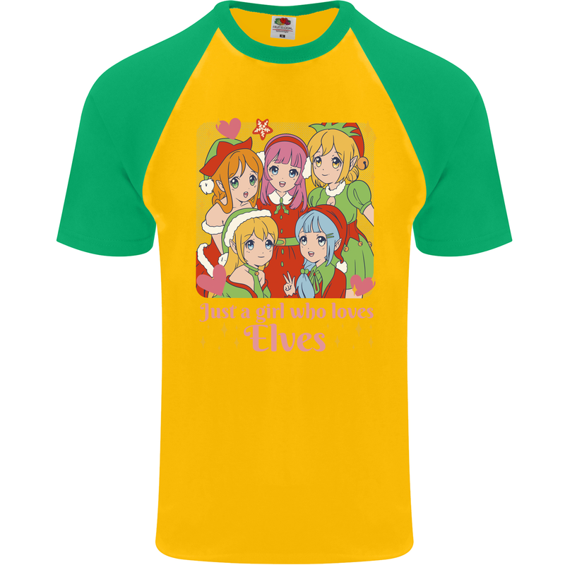 Anime A Girl Who Loves Elves Christmas Xmas Mens S/S Baseball T-Shirt Gold/Green
