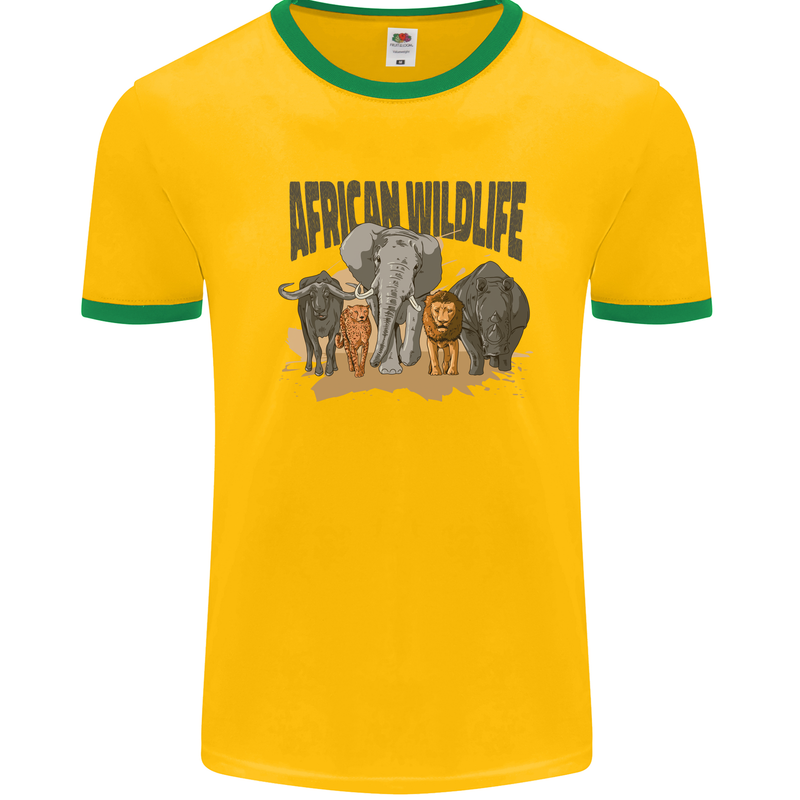 African Wildlife Elephant Lion Rhino Safari Mens Ringer T-Shirt Gold/Green