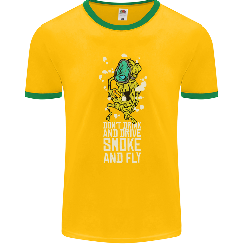 Funny Weed Cannabis Smoke and Fly Mens Ringer T-Shirt FotL Gold/Green