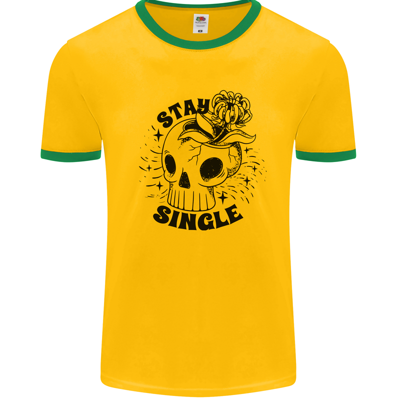 Stay Single Anti Valentines Singles Day Skull Mens Ringer T-Shirt Gold/Green