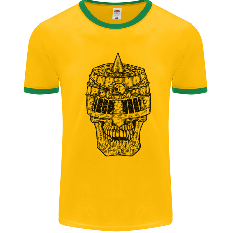 Medieval Skull Helmet Mens Ringer T-Shirt Gold/Green