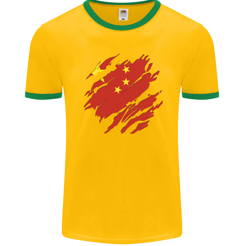 Torn China Flag Chinese Day Football Mens Ringer T-Shirt FotL Gold/Green