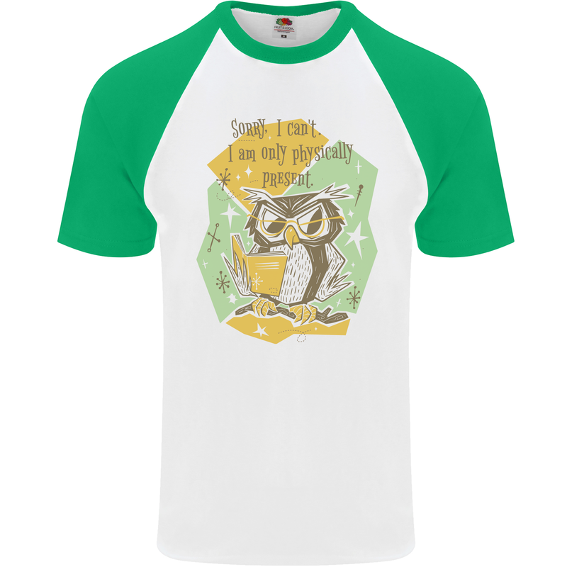 Funny Book Reading Owl Bookworm Books Mens S/S Baseball T-Shirt White/Green