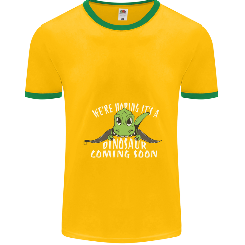 Dinosaur Coming Soon New Baby Pregnancy Mens Ringer T-Shirt FotL Gold/Green