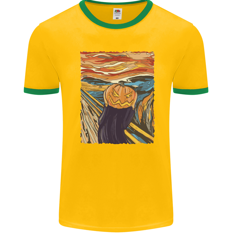 Pumpkin Scream Painting Halloween Mens Ringer T-Shirt FotL Gold/Green