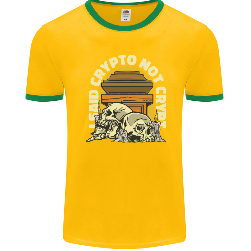 Crypto Not Crypt Funny Cryptocurrency Skulls Mens Ringer T-Shirt FotL Gold/Green