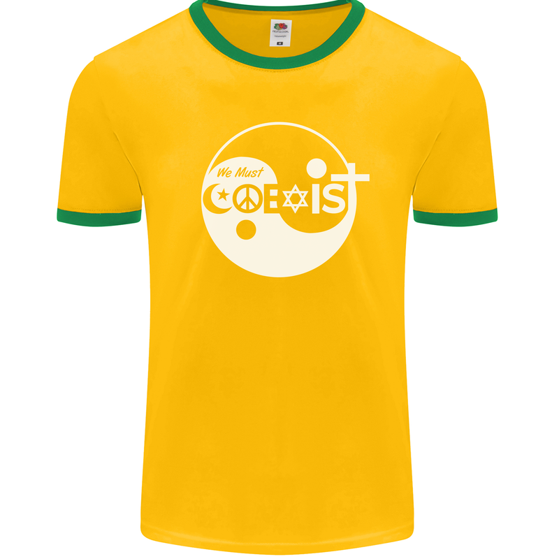 We Must Coexist World Peace Love Religion Hippy Mens Ringer T-Shirt FotL Gold/Green
