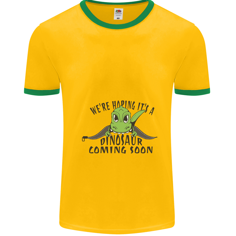 Dinosaur Coming Soon New Baby Pregnancy Pregnant Mens Ringer T-Shirt Gold/Green