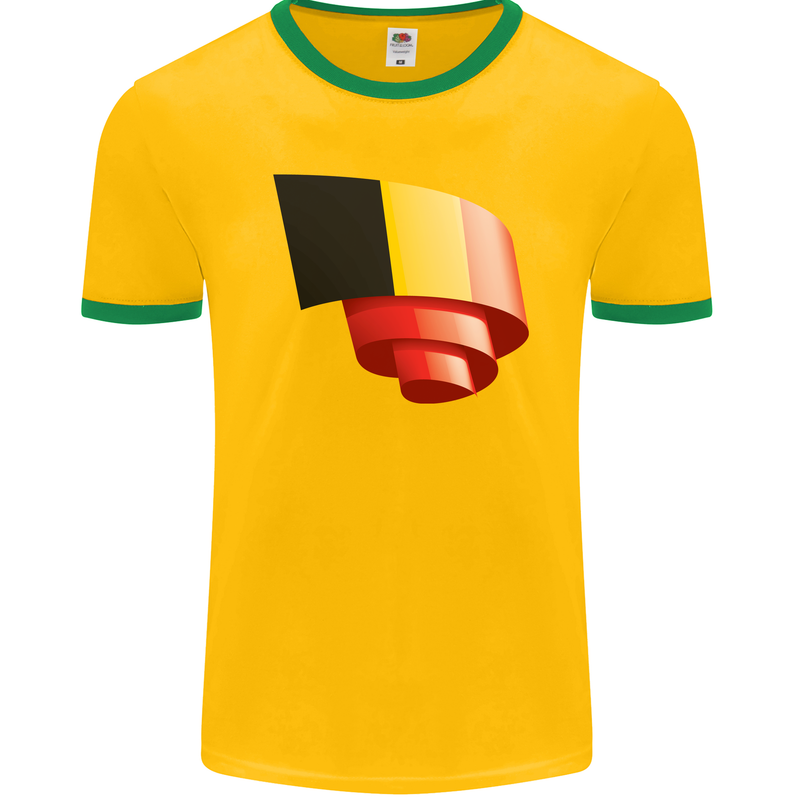 Curled Belgium Flag Belgian Day Football Mens Ringer T-Shirt FotL Gold/Green