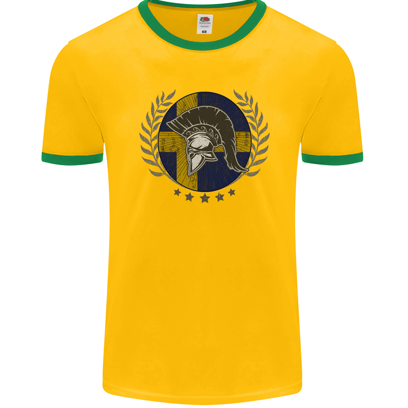 Sweden Bodybuilding Flag Gym Training Swedish Mens Ringer T-Shirt FotL Gold/Green