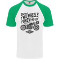 Two Wheels Forever Motorcycle Cafe Racer Mens S/S Baseball T-Shirt White/Green