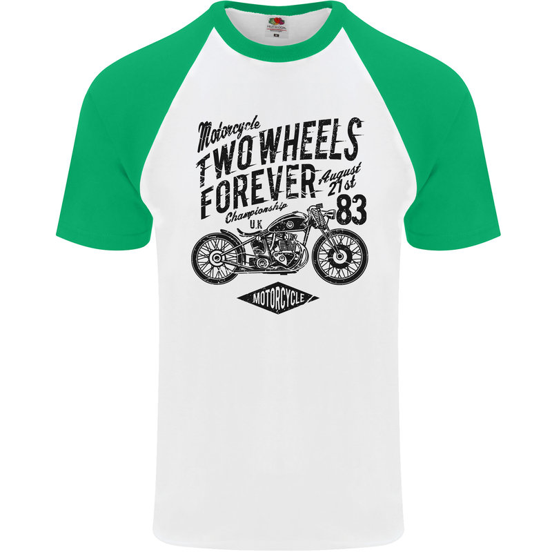 Two Wheels Forever Motorcycle Cafe Racer Mens S/S Baseball T-Shirt White/Green