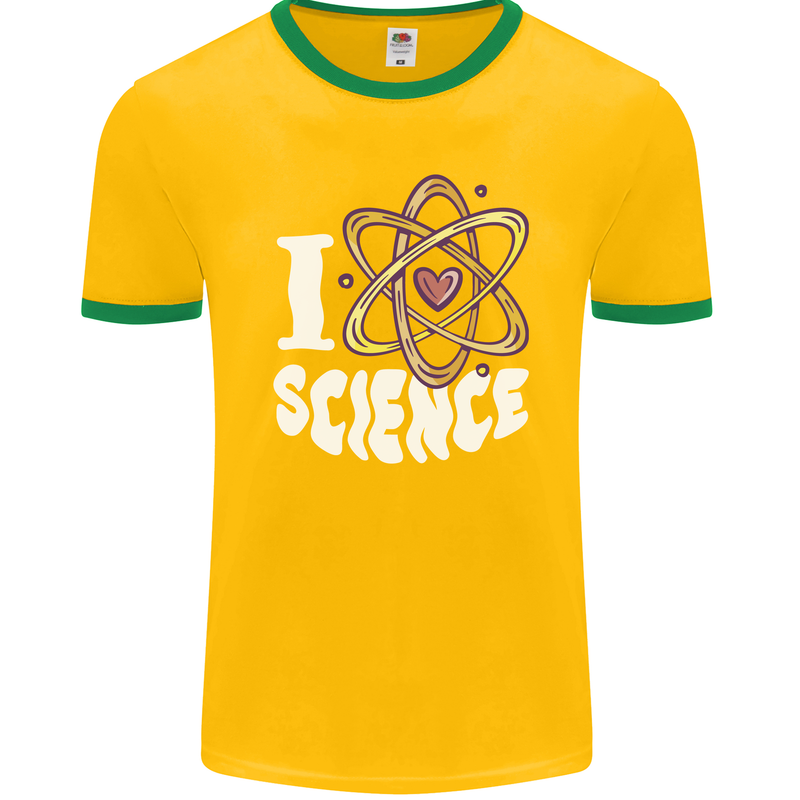 I Love Science Physics Chemistry Biology Nerd Mens Ringer T-Shirt FotL Gold/Green