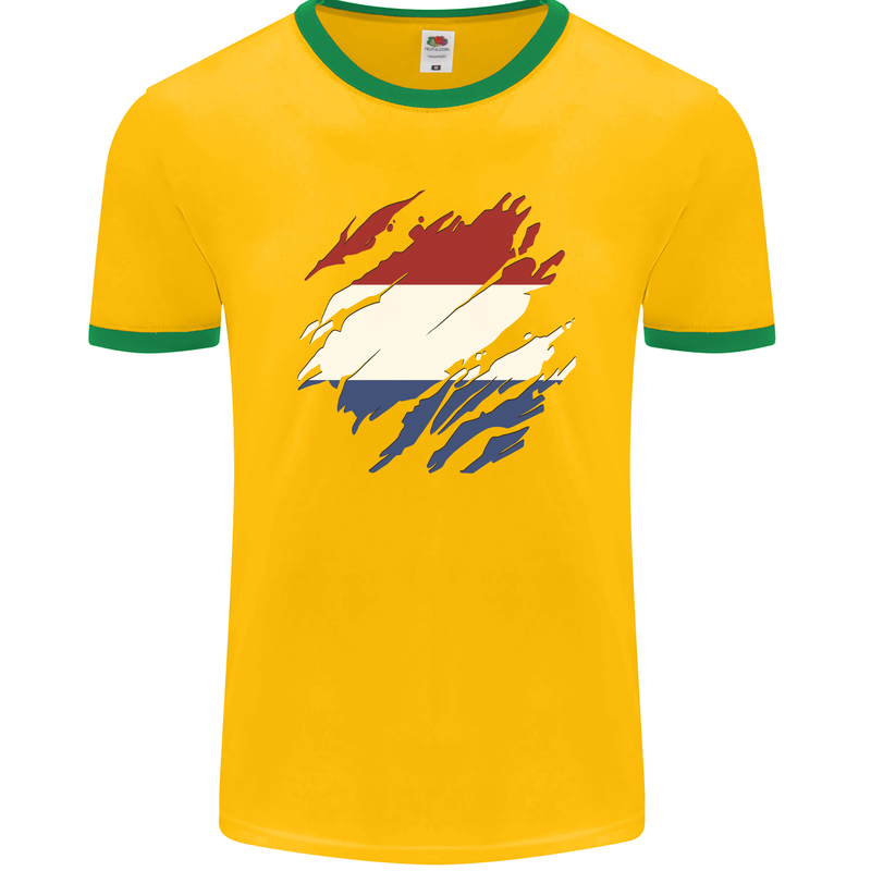 Torn Netherlands Flag Holland Dutch Day Football Mens Ringer T-Shirt FotL Gold/Green