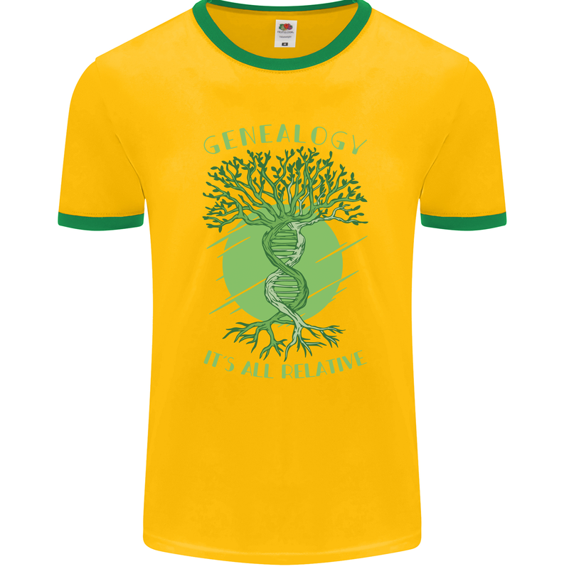 Genealogy Its All Relative Funny DNA Ancestry Mens Ringer T-Shirt FotL Gold/Green