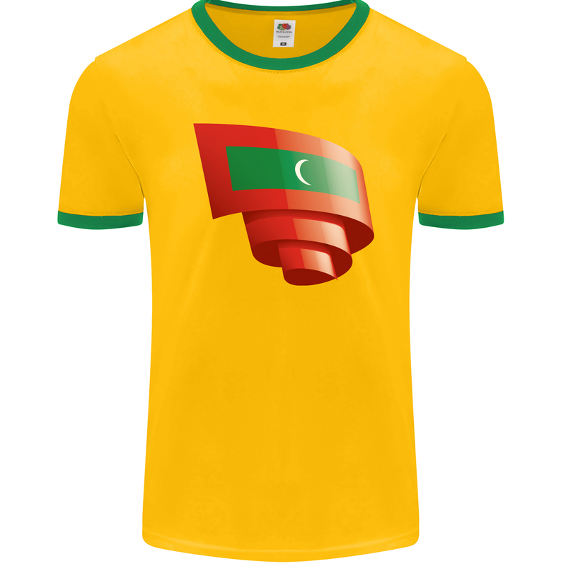 Curled Maldives Flag Maldivian Day Football Mens Ringer T-Shirt FotL Gold/Green
