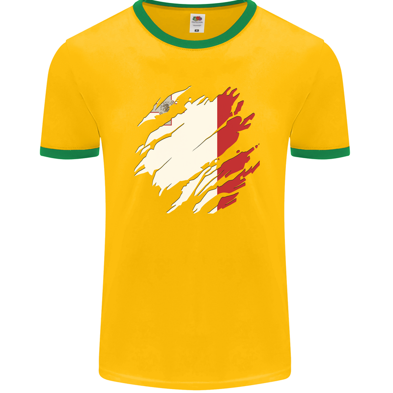 Torn Malta Flag Maltese Day Football Mens Ringer T-Shirt FotL Gold/Green