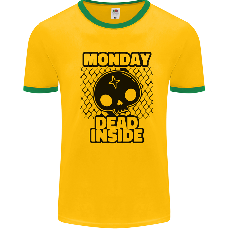 Monday Dead Inside Skull Work Mens Ringer T-Shirt Gold/Green