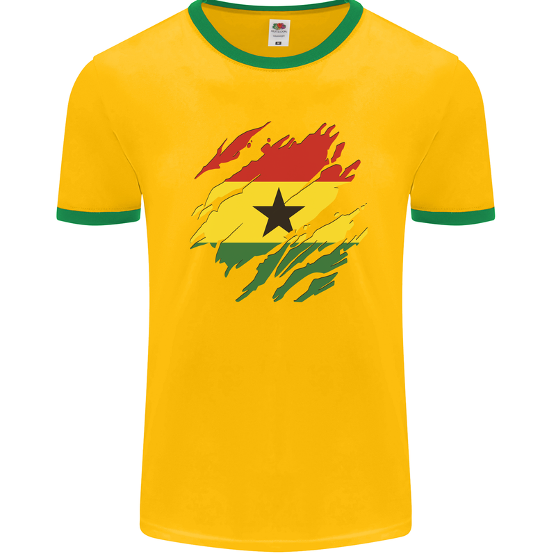 Torn Ghana Flag Ghanaian Day Football Mens Ringer T-Shirt FotL Gold/Green