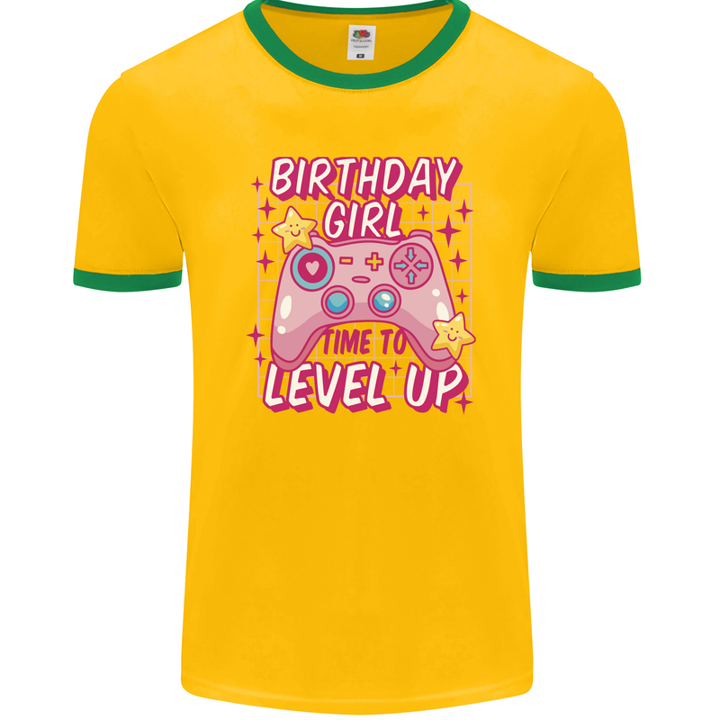 Birthday Girl Level Up Gaming Gamer 6th 7th 8th Mens Ringer T-Shirt FotL Gold/Green