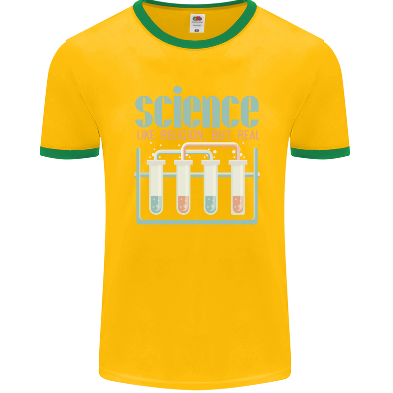 Science Like Religion Atheist Atheism Evolution Mens Ringer T-Shirt FotL Gold/Green