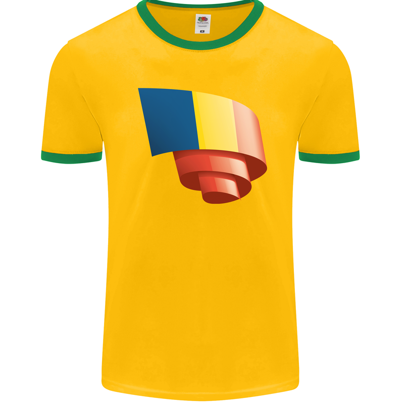 Curled Romania Flag Romanian Day Football Mens Ringer T-Shirt FotL Gold/Green