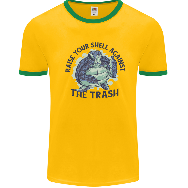 Offensive Turtle Climate Change Environment Mens Ringer T-Shirt Gold/Green