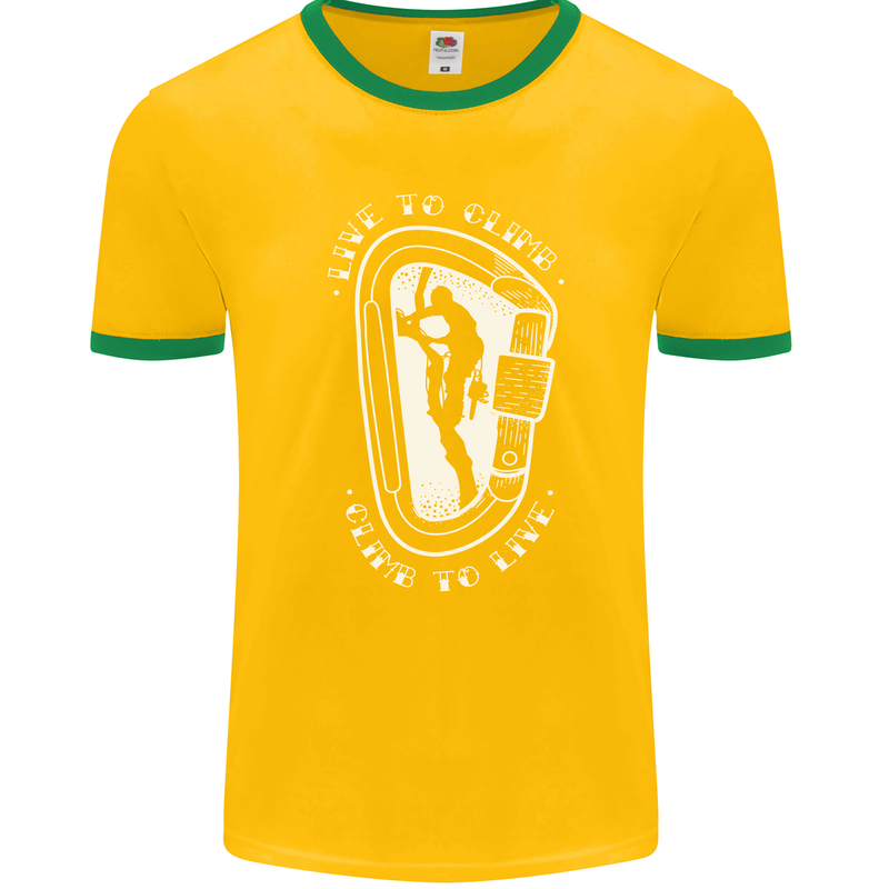 Live to Climb Rock Climbing Climber Mens Ringer T-Shirt FotL Gold/Green