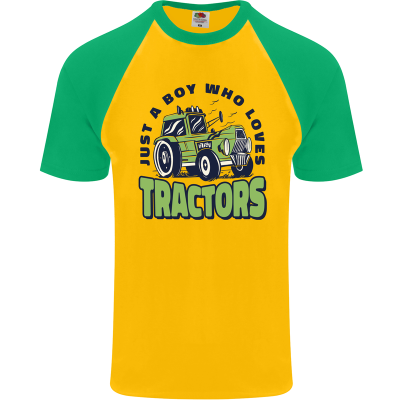 Just a Boy Who Loves Tractors Farmer Mens S/S Baseball T-Shirt Gold/Green