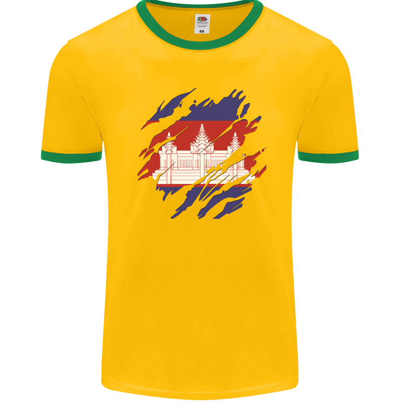 Torn Cambodia Flag Cambodian Day Football Mens Ringer T-Shirt FotL Gold/Green