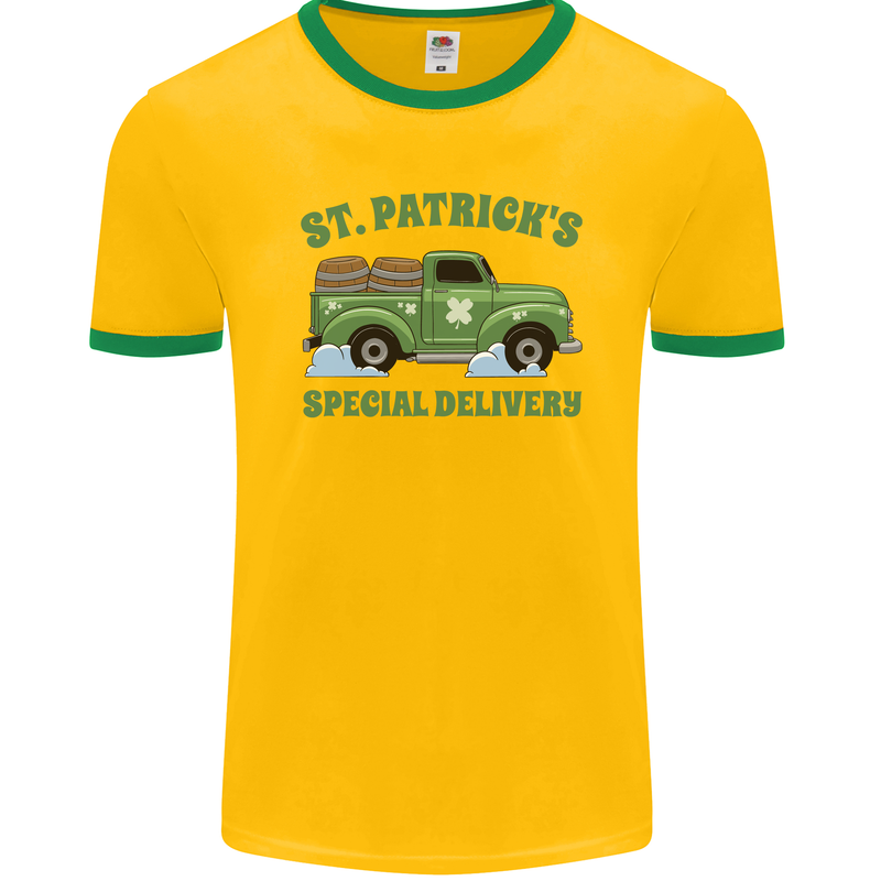 St Patricks Beer Delivery Funny Alcohol Guinness Mens Ringer T-Shirt FotL Gold/Green