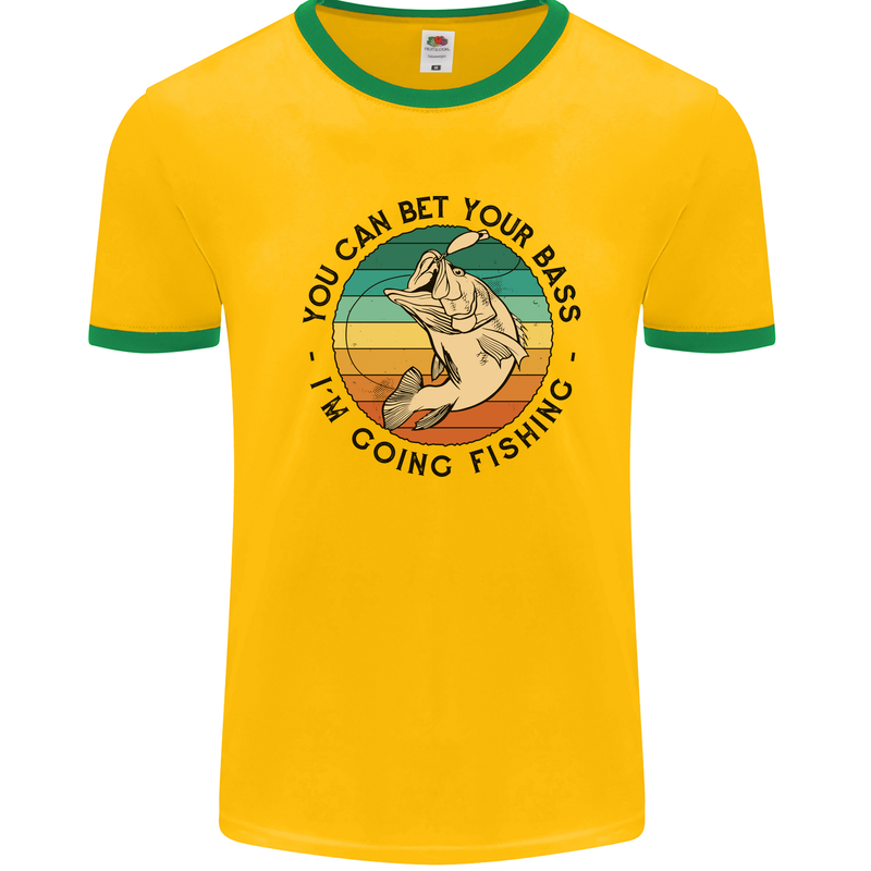 Funny Fishing Bet Your Bass Im Going Fisherman Mens Ringer T-Shirt Gold/Green