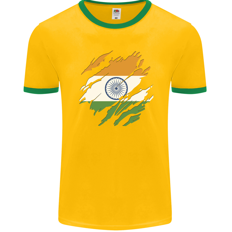 Torn India Flag Indian Day Football Mens Ringer T-Shirt FotL Gold/Green